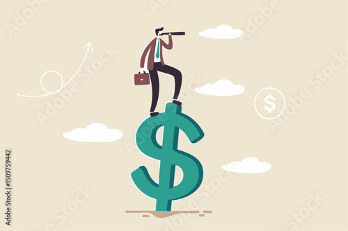 Vision for global financial or economy, business opportunity or investment forecast concept, smart confident businessman standing on US dollar money sign using telescope to see future prediction.