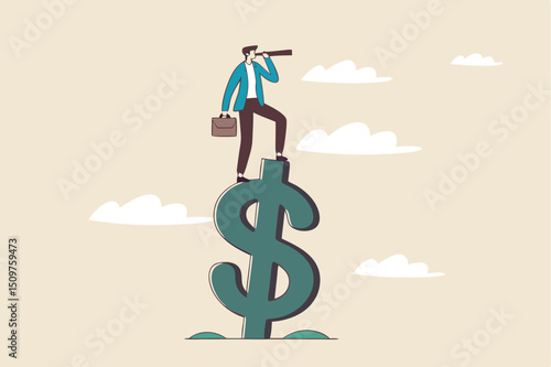 Vision for global financial or economy, business opportunity or investment forecast concept, smart confident businessman standing on US dollar money sign using telescope to see future prediction.