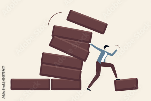 Investment risk, failure or mistake for greedy decision, business strategy to be careful and balance on instability and uncertainty concept, businessman pulling wooden block from collapsing stack.