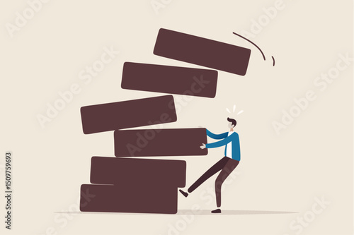 Investment risk, failure or mistake for greedy decision, business strategy to be careful and balance on instability and uncertainty concept, businessman pulling wooden block from collapsing stack.
