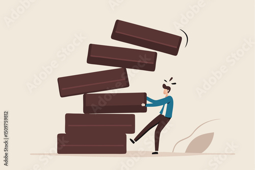 Investment risk, failure or mistake for greedy decision, business strategy to be careful and balance on instability and uncertainty concept, businessman pulling wooden block from collapsing stack.