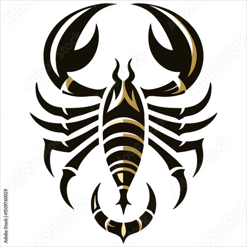 A black scorpion with gold accents featuring claws segmented body and sharp stinger