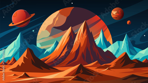 Alien Planet Landscape. Red Mountains and Cosmic Wonders