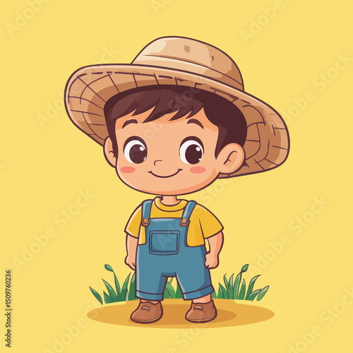 Cheerful Cartoon Boy in Straw Hat and Overalls (1)
