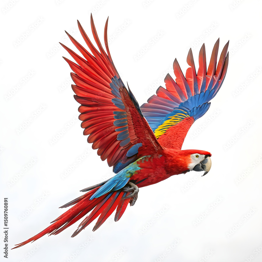 Fototapeta premium A scarlet macaw mid-flight with wings fully spread, bright feathers, and dynamic movement.