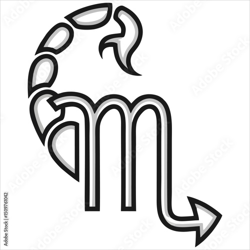 A graphic of the Scorpio zodiac sign a stylized scorpion with an M shape outlined in black and gray on a white background photo