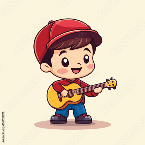 Cheerful Cartoon Boy Playing a Yellow Acoustic Guitar with Red Cap