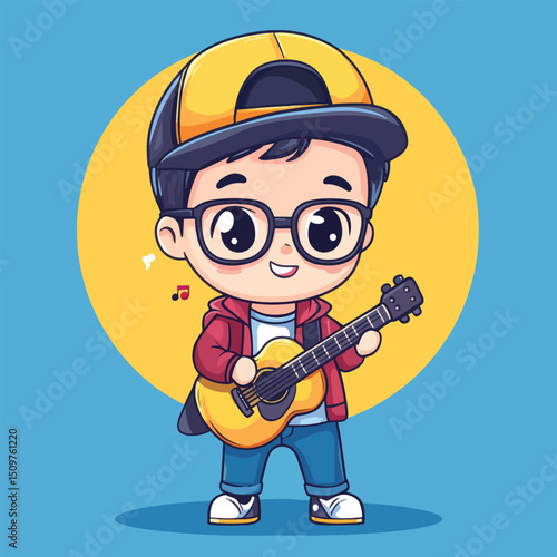 Cheerful Cartoon Boy Playing Guitar with Musical Notes and Smiling Face