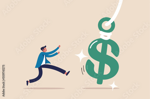 Financial fraud, illegal investment scam or ponzi scheme stealing money from greedy people concept, greedy businessman investor running to catch money US Dollar sign with hidden phishing bait.
