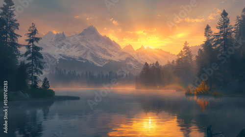 Serene sunset over mountains reflecting in a calm lake.