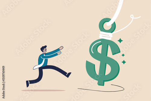 Financial fraud, illegal investment scam or ponzi scheme stealing money from greedy people concept, greedy businessman investor running to catch money US Dollar sign with hidden phishing bait.