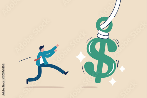 Financial fraud, illegal investment scam or ponzi scheme stealing money from greedy people concept, greedy businessman investor running to catch money US Dollar sign with hidden phishing bait.