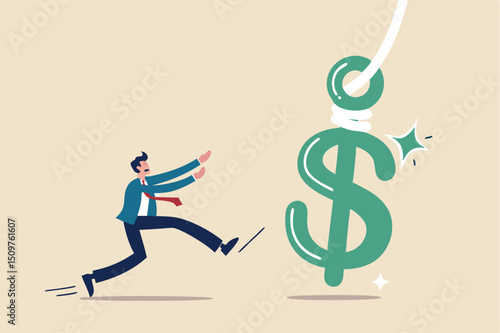 Financial fraud, illegal investment scam or ponzi scheme stealing money from greedy people concept, greedy businessman investor running to catch money US Dollar sign with hidden phishing bait.