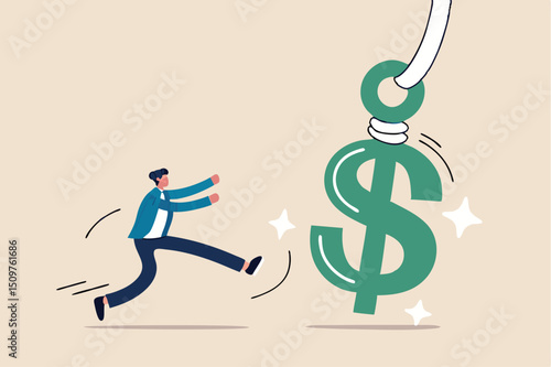 Financial fraud, illegal investment scam or ponzi scheme stealing money from greedy people concept, greedy businessman investor running to catch money US Dollar sign with hidden phishing bait.