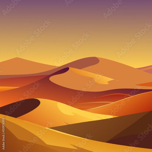 Sunset Desert Landscape. Golden Sand Dunes Panorama