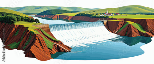 Hydroelectric Dam with Green Hills and Village Vector Illustration