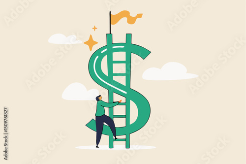 Money ladder to achieve financial independent goal, challenge to reach investment target or wealth planning strategy concept, businessman starting to climb up ladder to the top of money dollar sign.