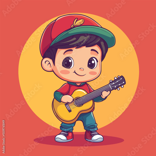 Cheerful Cartoon Boy with Guitar Wearing Red Cap and Smiling Brightly