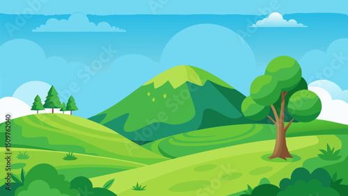 Stunning Green Landscape. Rolling Hills. Mountains. and Blue Sky