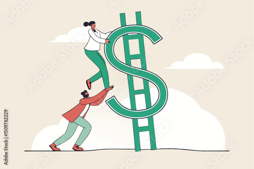 Money ladder to achieve financial independent goal, challenge to reach investment target or wealth planning strategy concept, businessman starting to climb up ladder to the top of money dollar sign.