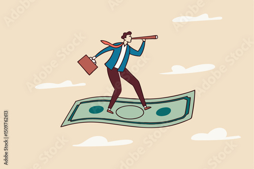 Investment opportunity, visionary to make profit or financial growth concept, smart businessman riding flying banknote money using telescope or spyglass to see future.