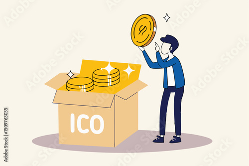 ICO, Initial Coin Offering process to create new crypto currency token to trade in market concept, businessman investor or coin creator picking new cryptocurrency coin and look into details.
