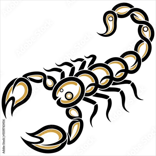 Stylized scorpion drawing featuring a segmented body claws and a curled tail with a stinger