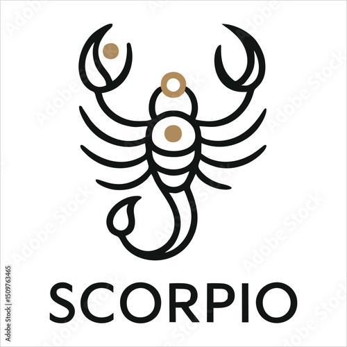 A zodiacstyle Scorpio sign depicted with black lines gold accents and the word SCORPIO underneath