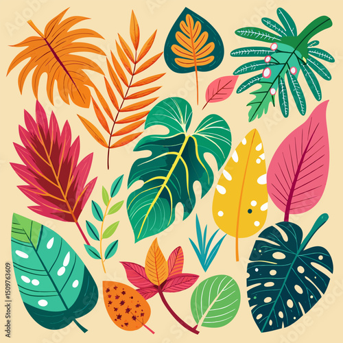 Vibrant Tropical Leaves Botanical Illustration