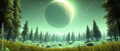 bustling interstellar outpost where aliens and humans interact, surrounded by spacecraft glowing under an alien sun, Generative AI