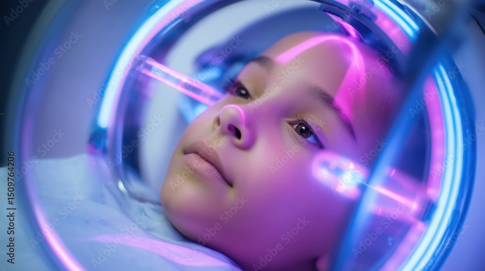 Naklejka premium Young Patient Calmly Undergoing Robotic Treatment in High-Tech Environment