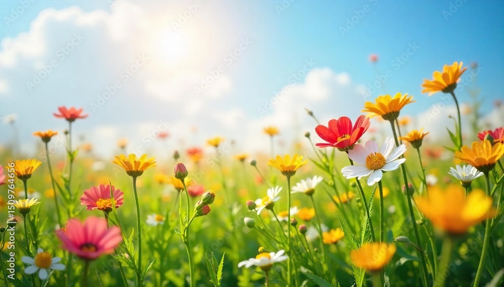 A vibrant, sun-drenched field of wildflowers swaying gently in the breeze, creating a naturally cheerful and idyllic scene Perfect for themes of joy, nature, and springtime , serenity, sunlight A vibrant, sun-drenched field of wildflowers swaying gently in the breeze, creating a naturally cheerful and idyllic scene Perfect for themes of joy, nature, and springtime , serenity, sunlight