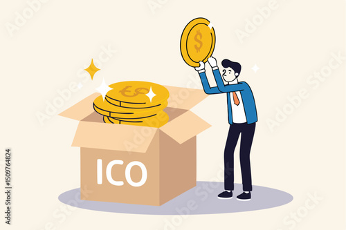 ICO, Initial Coin Offering process to create new crypto currency token to trade in market concept, businessman investor or coin creator picking new cryptocurrency coin and look into details.