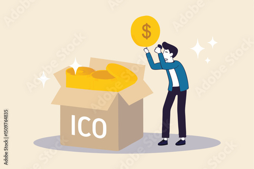 ICO, Initial Coin Offering process to create new crypto currency token to trade in market concept, businessman investor or coin creator picking new cryptocurrency coin and look into details.