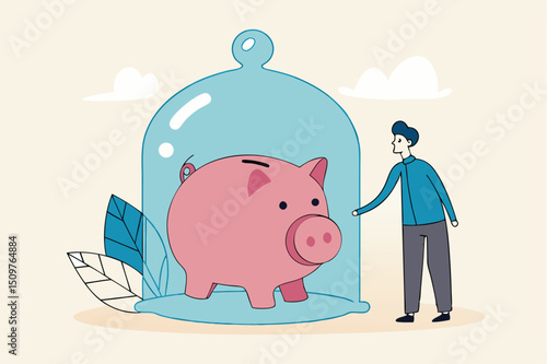 Protect money from inflation, insurance and financial security concept, businessman investor stand with wealthy piggy bank under glass dome strong protection.