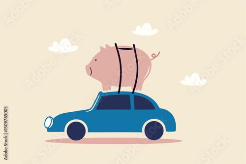 Saving money to buy new car, expense or budget for car maintenance service, debt or car loan concept, big cute pink piggybank money box on the roof of riding car.