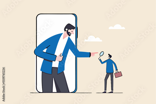 KYC, Know your customer process to identify user in online banking, cryptocurrency trading or cyber transaction concept, businessman using magnifying glass to analyze, identify user on smartphone app.