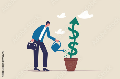 Investment growth or business grow up, make profit in stock market or earning growth concept, success businessman investor watering small plant with US dollar sign rising up graph.