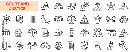 Court and Justice Line Icon Design Featuring Legal Symbols, Scales of Justice, Gavel, Law Documents, Prison Bars, Police Elements, Crime Investigation, Courtroom Scenes, and Civil Rights Protection