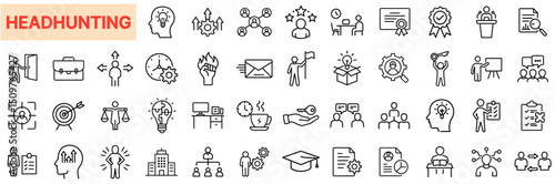 Headhunting and Talent Acquisition Line Icon Design Featuring Job Recruitment, Resume Review, Skill Evaluation, Candidate Search, Career Selection, Corporate Hiring, Leadership Roles, and HR Strategy 