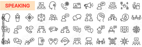 Speaking and Communication Line Icon Design Featuring Public Speaking, Group Conversations, Voice Chat, Dialogue Bubbles, Online Meetings, Language Interaction, Messaging Icons, and Verbal Communicati