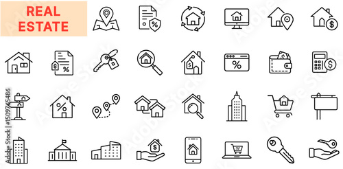 Real Estate and Property Line Icon Design Featuring Houses, Property Listings, Location Markers, Mortgage Calculations, Rental Agreements, Key Symbols, Investment Tools, Urban Buildings, and Online Ho