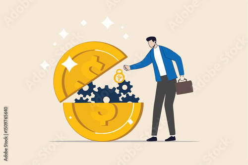 Financial or money liquidity to help economic stimulus, central bank monetary policy to help lubricate economy concept, businessman put lubricant oil on machine gear of opening money dollar coin.