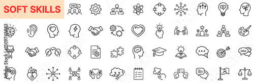 Soft Skills and Personal Growth Line Icon Design Featuring Communication, Leadership, Emotional Intelligence, Empathy, Collaboration, Goal Setting, Problem Solving, Self-Awareness, and Team Developmen
