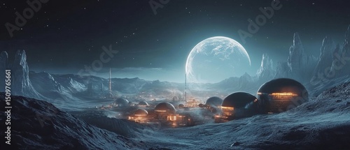 futuristic lunar colony where domes protect cities, and astronauts roam under the soft light of Earthrise, Generative AI