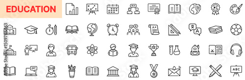 Education and Academic Tools Line Icon Design Featuring Classrooms, Books, Graduation Caps, Learning Resources, Study Equipment, Timetables, Exams, Language Symbols, School Buildings, and Academic Ach