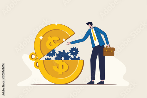Financial or money liquidity to help economic stimulus, central bank monetary policy to help lubricate economy concept, businessman put lubricant oil on machine gear of opening money dollar coin.