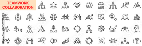 Teamwork and Collaboration Line Icon Design Featuring Group Coordination, Mutual Support, Leadership, Task Sharing, Team Growth, Communication Strategy, Unity Symbols, Performance Development, and Net
