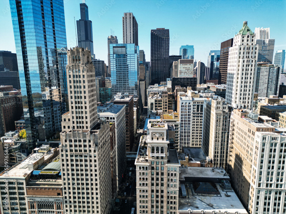 Fototapeta premium Cityscape with business city district. Chicago cityscape skyline architecture. Skyscraper business area. Chicago cityscape. Chicago downtown city skyline. Modern business city architecture