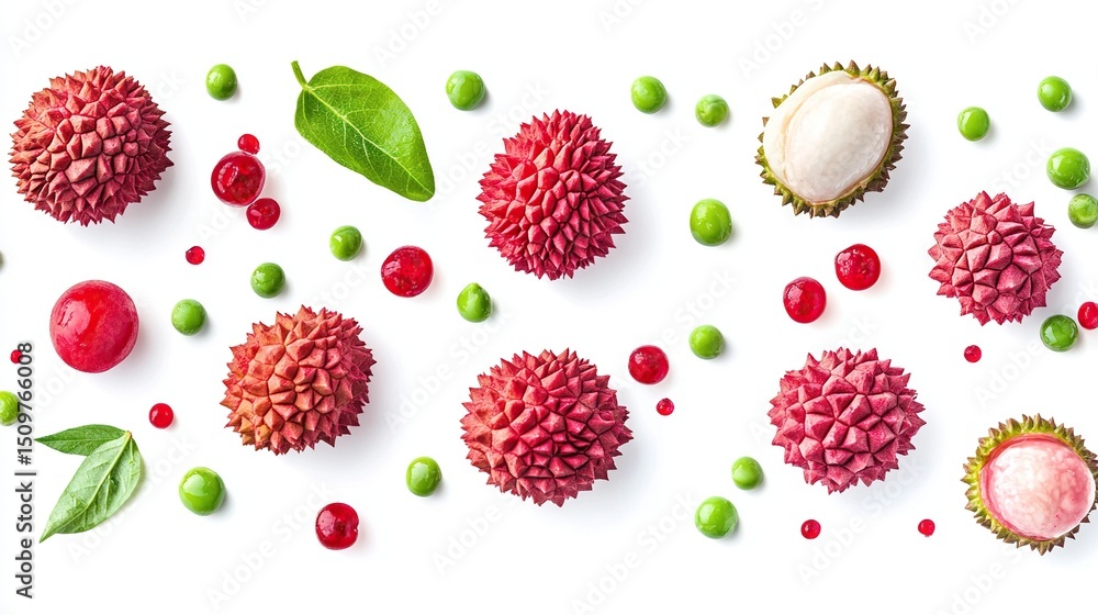Lychee fruit, peas, and leaves arranged in a pattern on a white background Lychee fruit, peas, and leaves arranged in a pattern on a white background